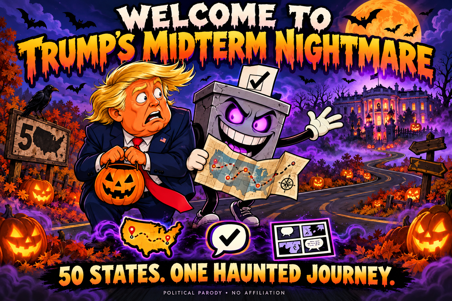 Cartoon Trump and Boo-Llot begin their haunted road trip through America.